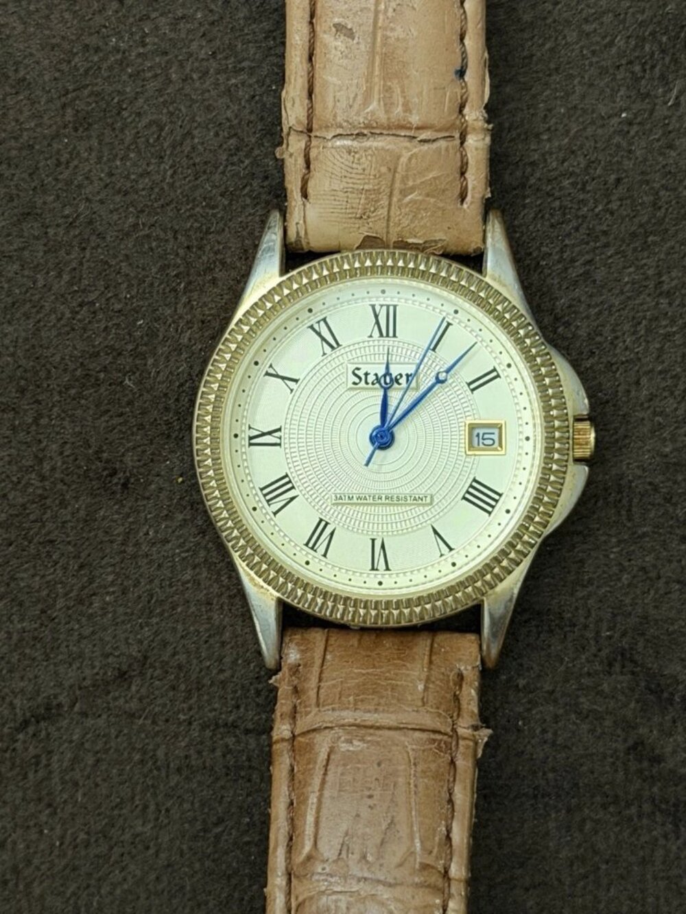 Stauer Men's Quartz Analog Dress Watch White Dial Roman Date 30m Brown Leather